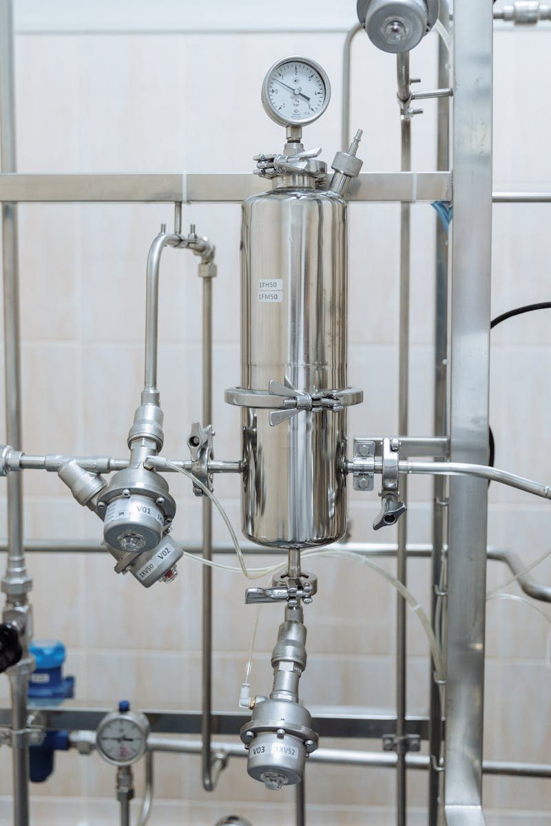 Close-up of a stainless steel industrial plumbing system with pressure gauges and steel pipes.